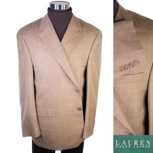 Ralph Lauren Mens Beige Herringbone 2 Button Sport Coat Blazer Jacket Sz 48R EUC